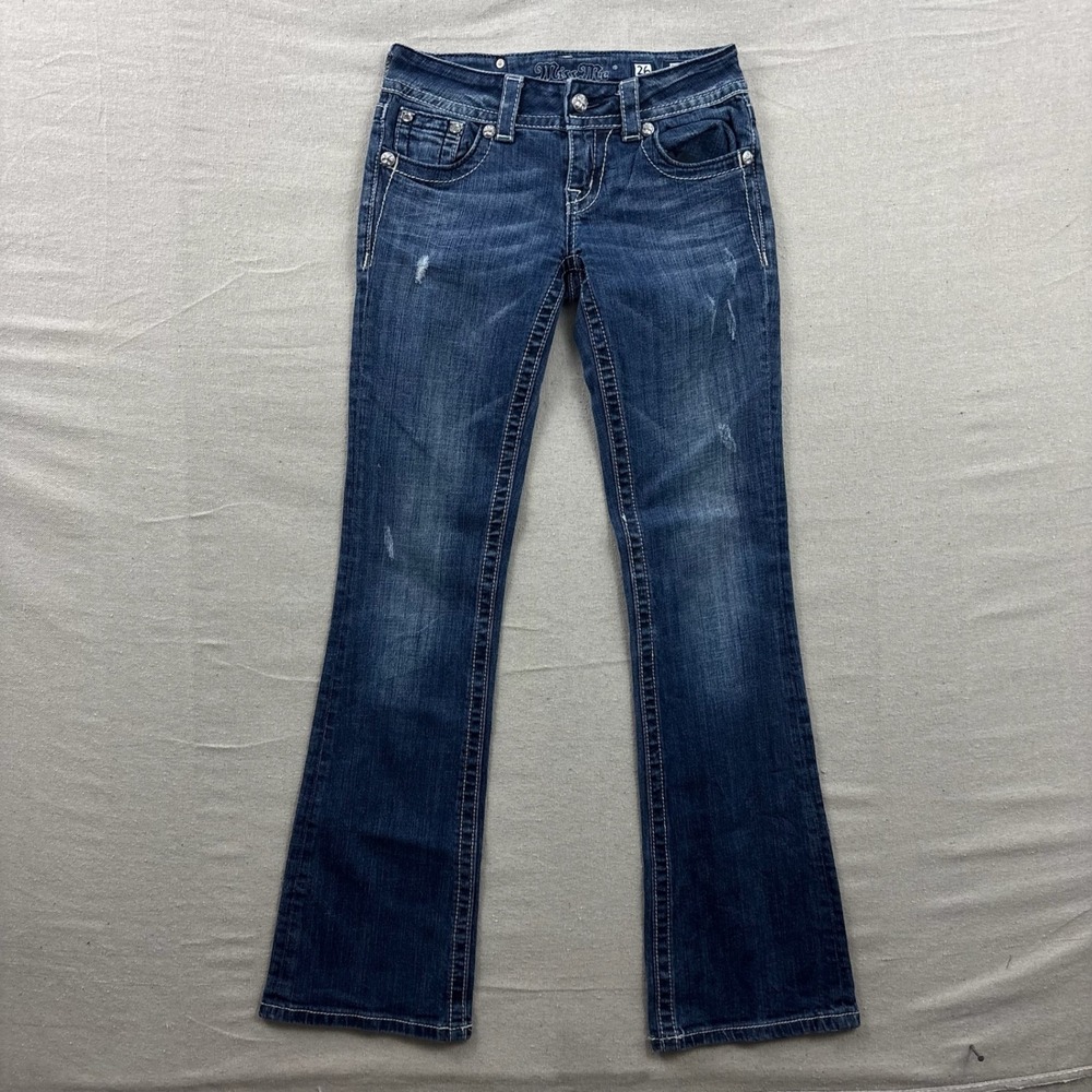 Miss Me Bootcut Jeans Womens 26 Blue Dark Wash Rhinestone Flap Pocket Buckle - Picture 2 of 10